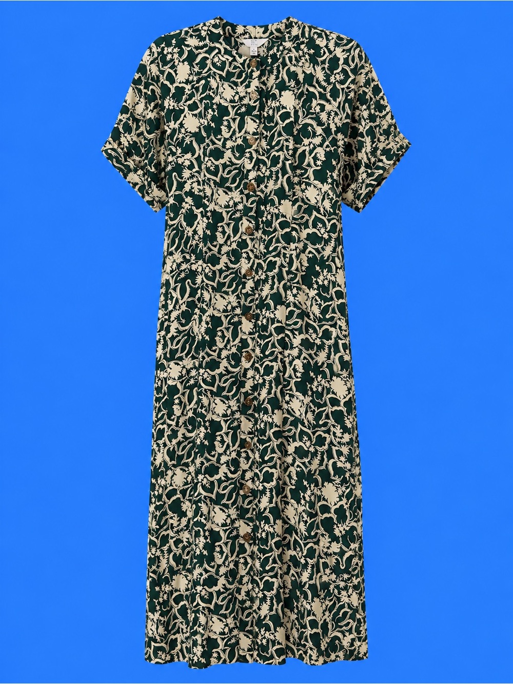 Floral Button-Front Green and Cream Midi Dress
